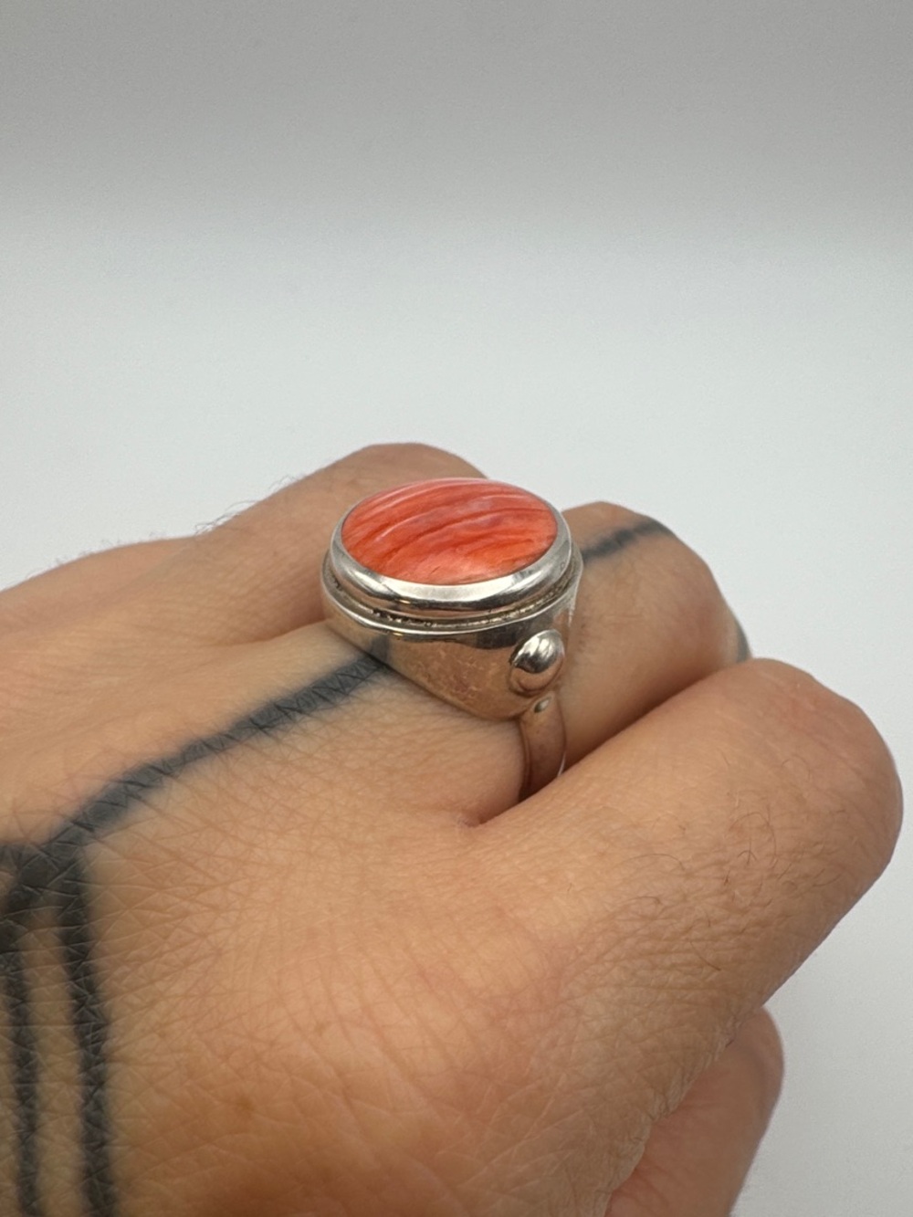 Sterling Silver Coral Stone Signet Ring - Red Orange